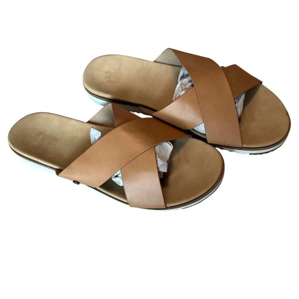 Catherine Catherine Malandrino Tan Brown Cross Strap Slide Sandals Women 9.5